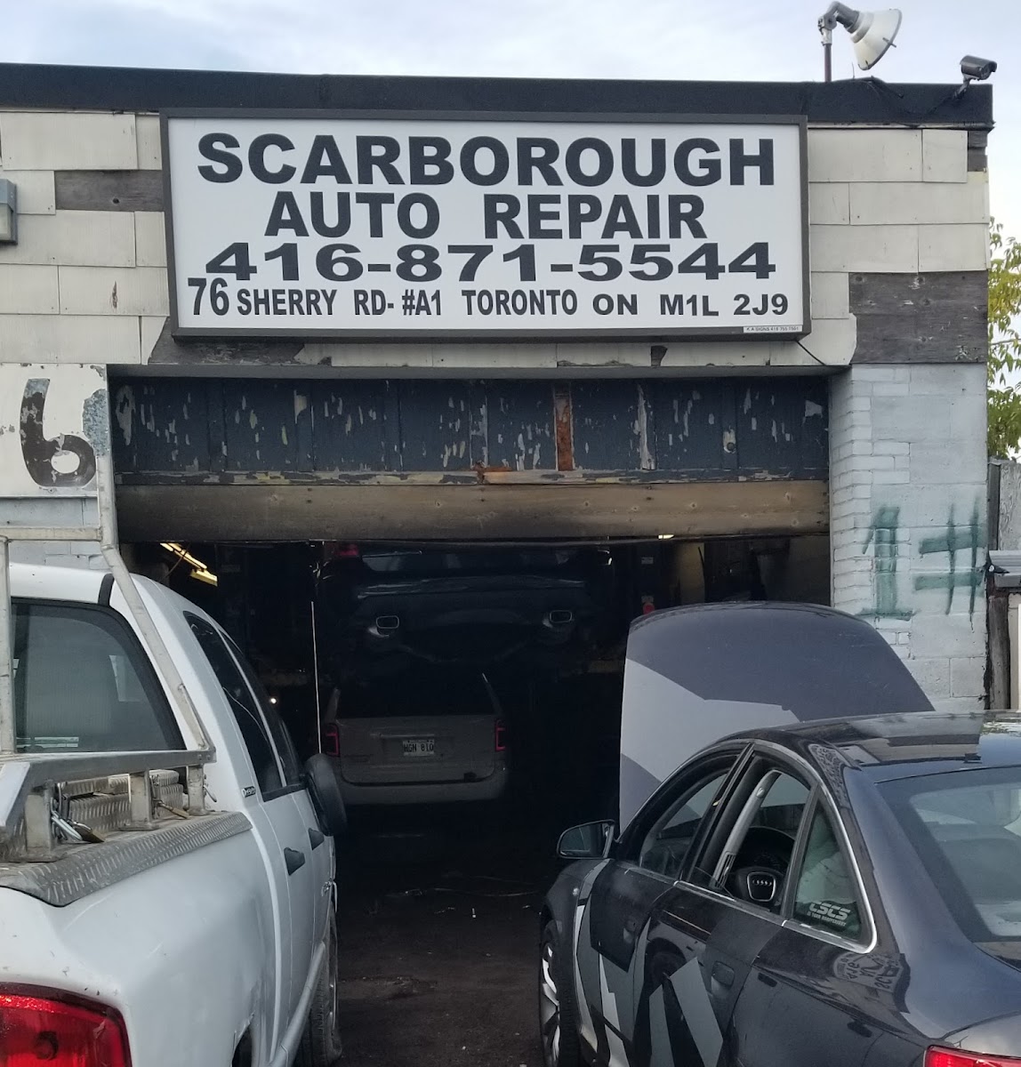 Scarborough Auto Repair sign and bay entrance at 76 Sherry Rd